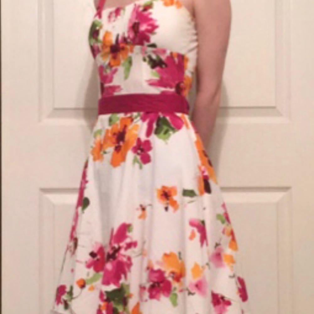 White dress with pink and orange floral pattern